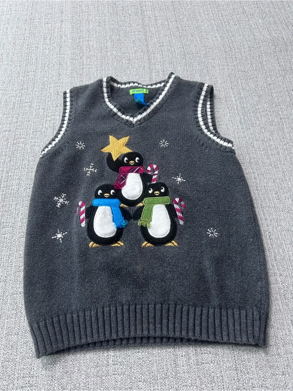 greendog Charcoal V-Neck Knit Vest White Trim & Penguins Size 7X